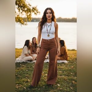 Boho Brown Wide-Leg High-Rise Pants Frayed floral applique medium